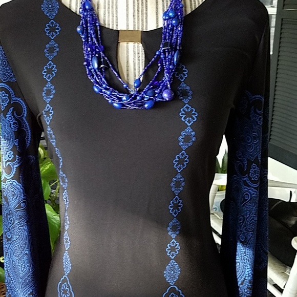 Long Sleeved Black Dress w Cobalt motiff - Picture 2 of 3